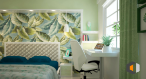 bedroom interior with wallpaper green