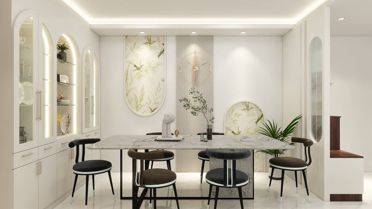 modern dining room interior with botanical wallpaper panels adding style, texture, and visual depth to the space