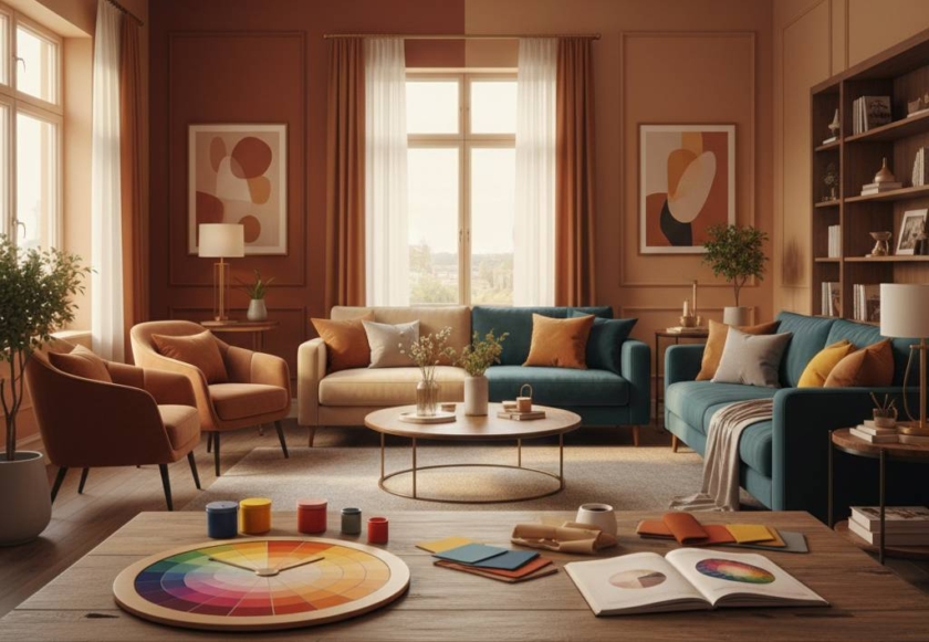 Warm and cool color-themed modern living room with color wheel, fabric swatches, and coordinated interior decor