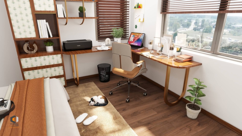 study room interior design showing warm and neutral color palette used according to color theory