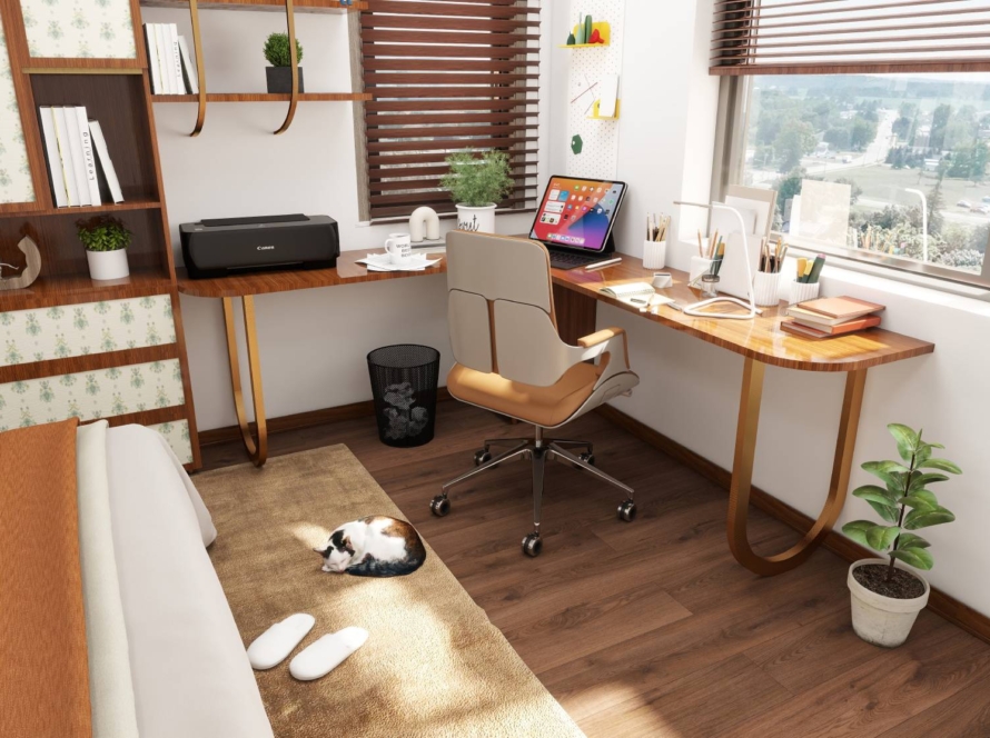 study room interior design showing warm and neutral color palette used according to color theory