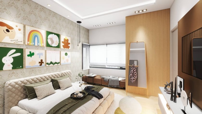 Modern bedroom interior with warm color palette, soft lighting, playful wall art, and natural textures showing how color affects mood