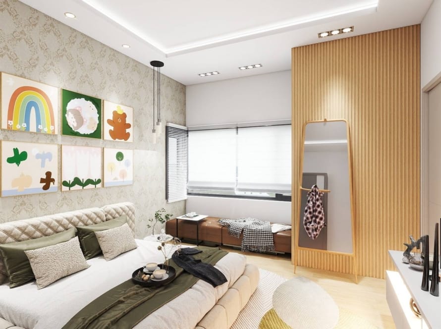 Modern bedroom interior with warm color palette, soft lighting, playful wall art, and natural textures showing how color affects mood