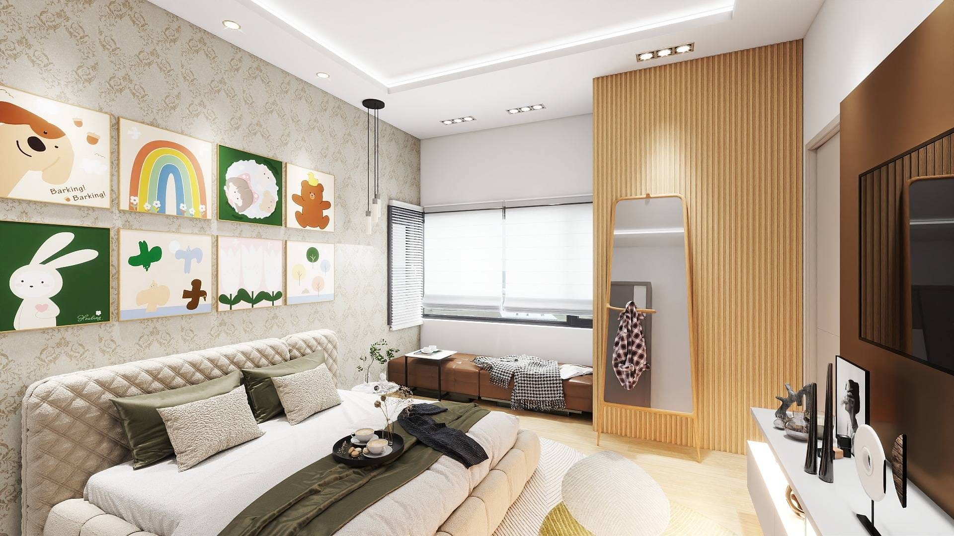 Modern bedroom interior with warm color palette, soft lighting, playful wall art, and natural textures showing how color affects mood