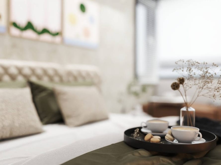 Elegant bedroom decor close-up showing styling elements for interior design vs interior decorating.