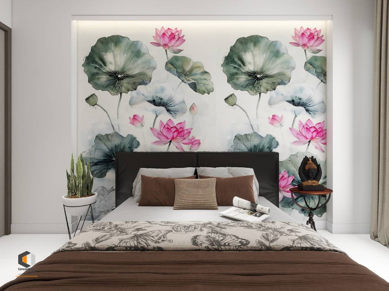 modern bedroom interior with lotus floral wallpaper adding artistic style, color, and texture to the wall