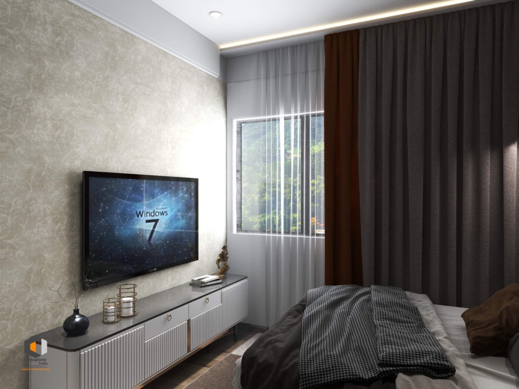 Modern bedroom with stylish TV unit, textured wallpaper, layered curtains, and cozy bedding.