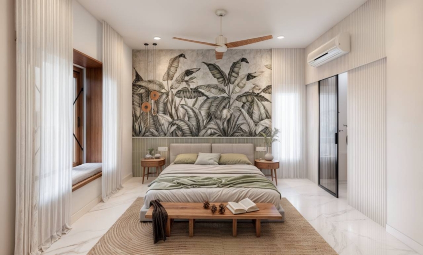Modern bedroom interior with botanical wallpaper design, stylish wall art, and contemporary decor.