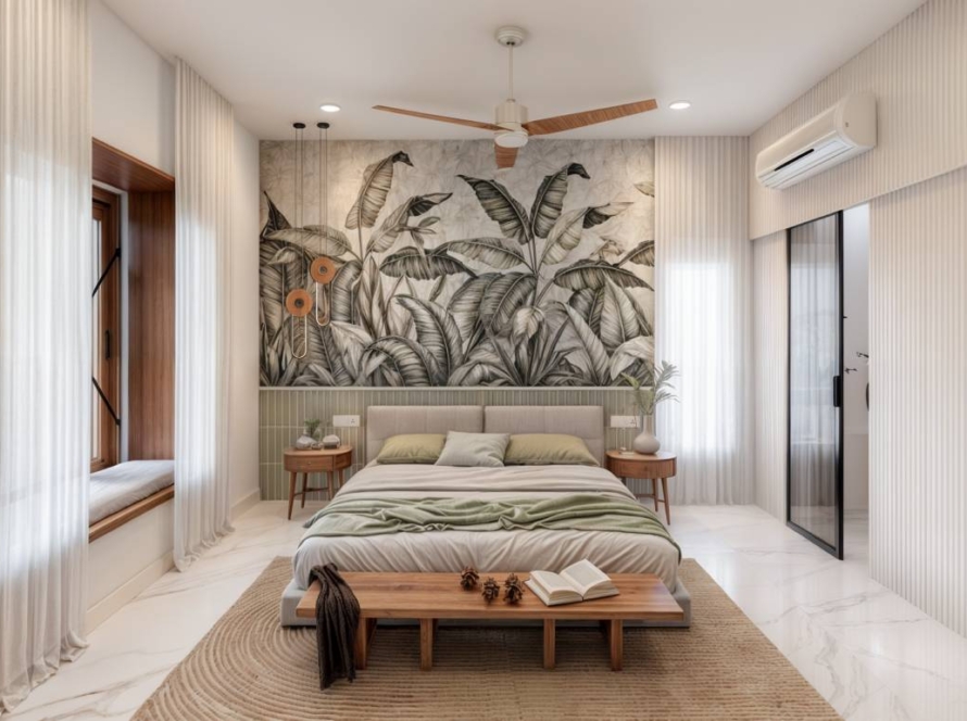 Modern bedroom interior with botanical wallpaper design, stylish wall art, and contemporary decor.