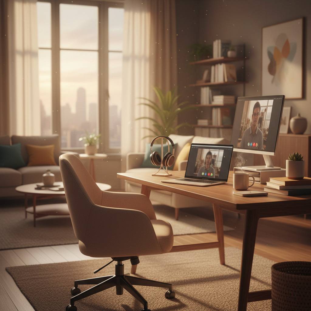 Modern home office setup with ergonomic chair, wooden desk, laptop and monitor, cozy living space, and natural lighting.