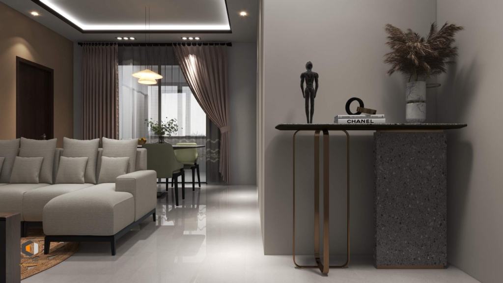 Modern living and dining room interior with stylish entry console, neutral sofa, soft drapes, and elegant lighting.