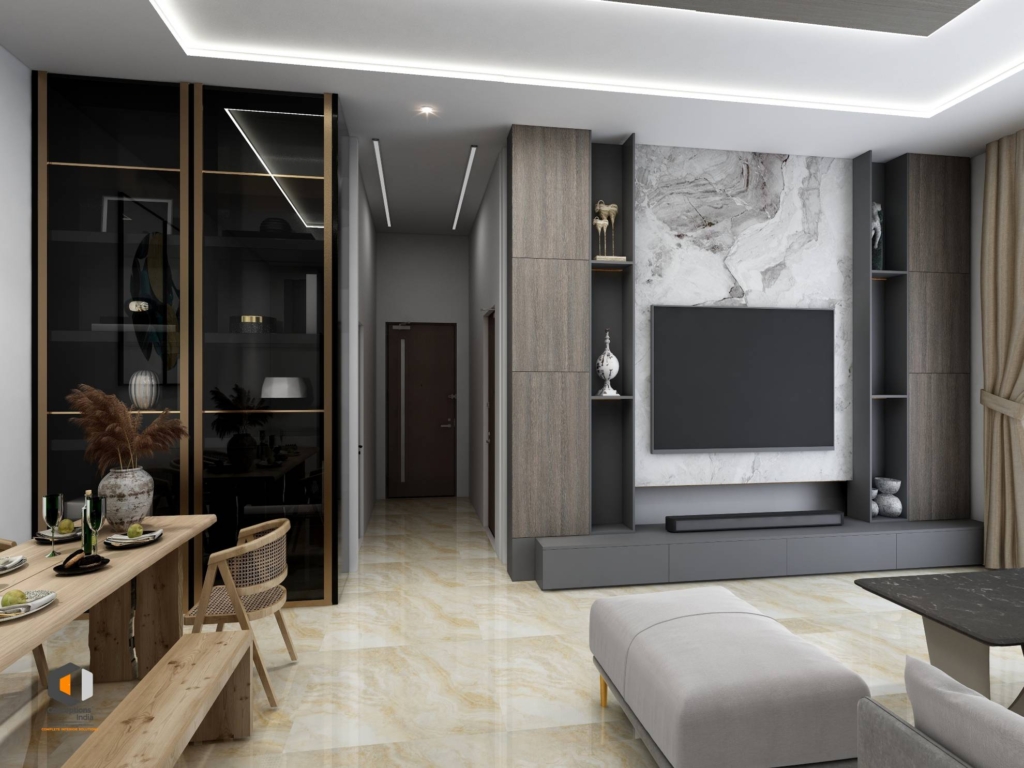 Modern living and dining room interior with marble TV wall, wooden dining table, glass cabinets, and elegant decor