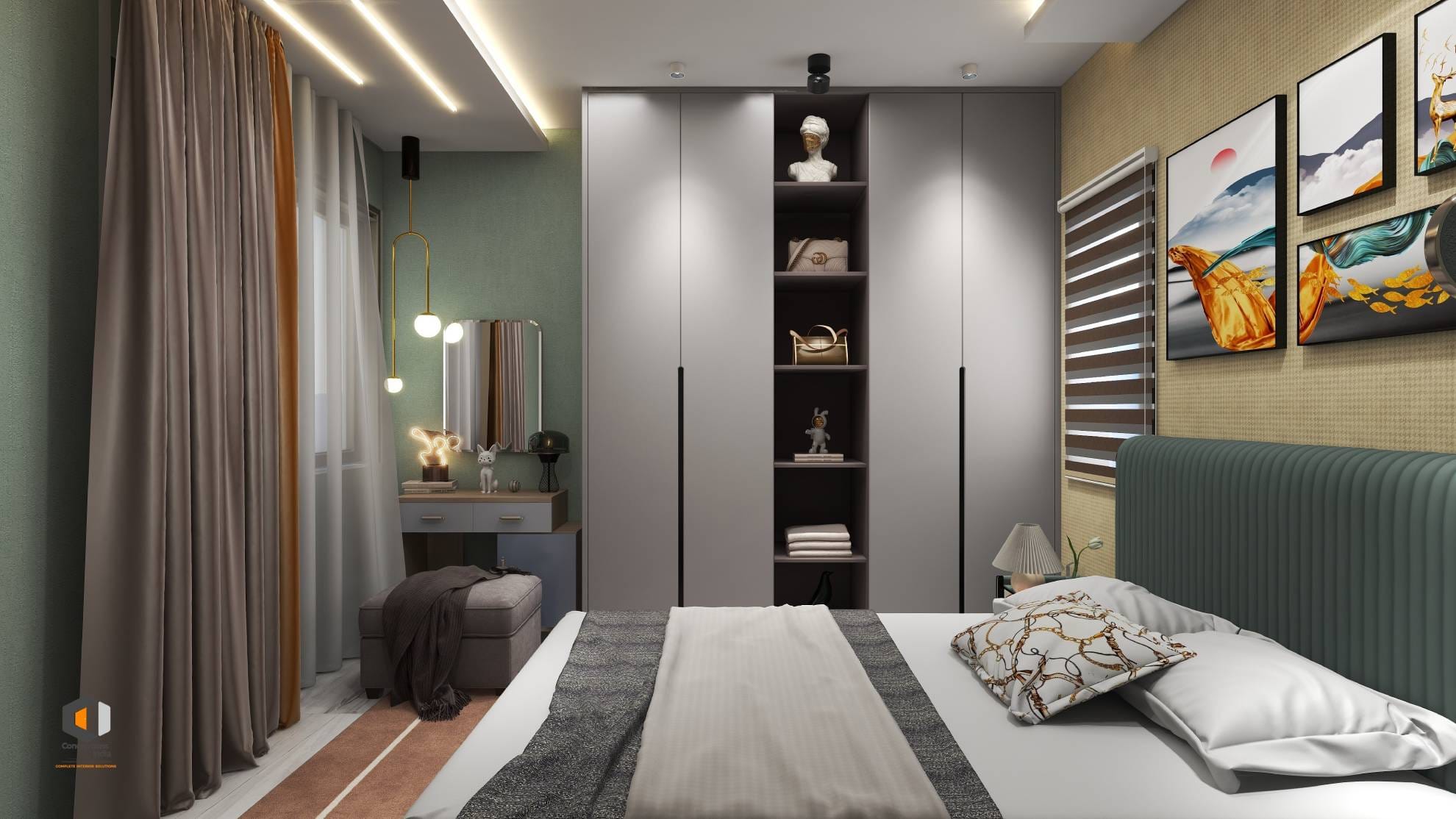 Modern master bedroom interior with sleek wardrobe, vanity area, artistic wall frames, and soft ambient lighting.