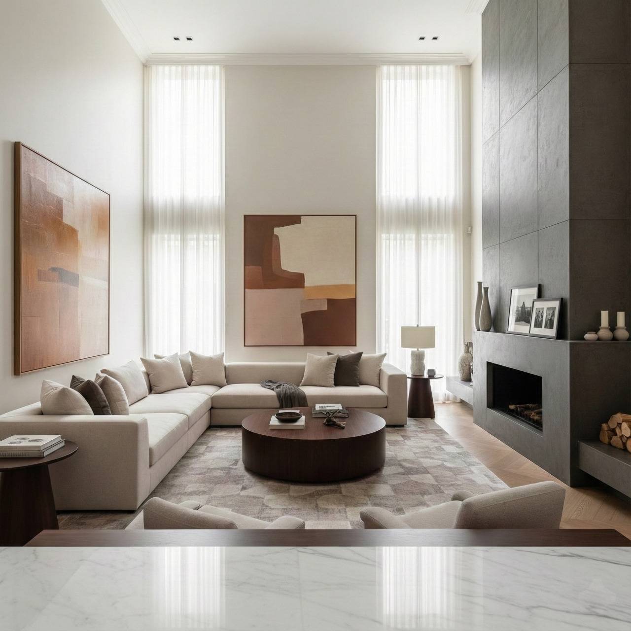 Modern living room with balanced furniture layout, symmetrical artwork, neutral tones, and well-proportioned design elements.