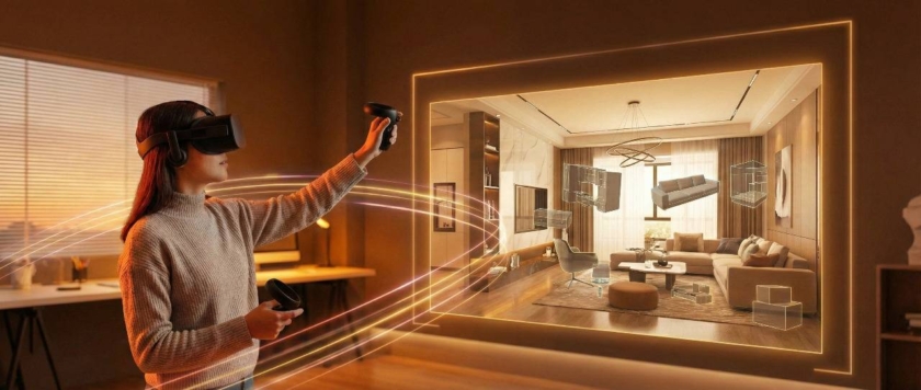 Person using VR headset to interact with a virtual interior design layout displayed in a 3D immersive environment.