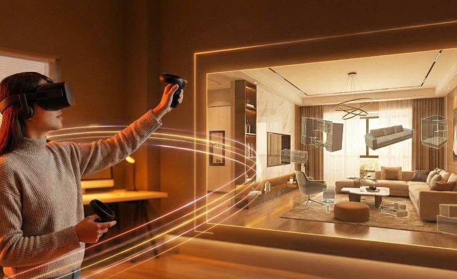 Person using VR headset to interact with a virtual interior design layout displayed in a 3D immersive environment.