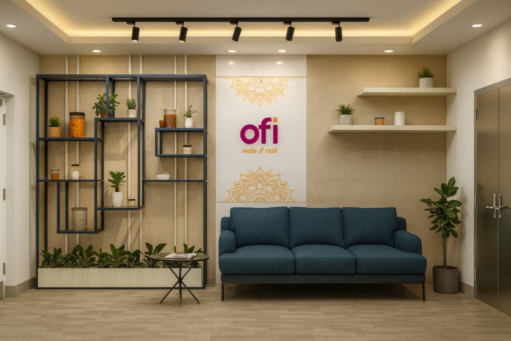 Modern commercial office reception interior with blue sofa, wall art, decorative shelving, indoor plants, and ambient lighting.