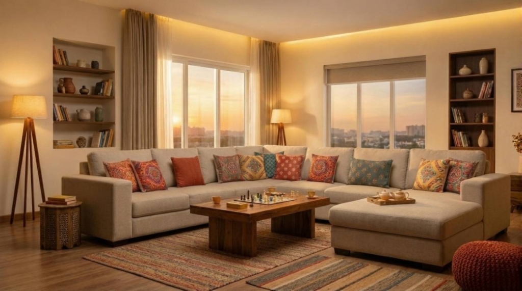 Neutral interior design with warm and cool color combinations