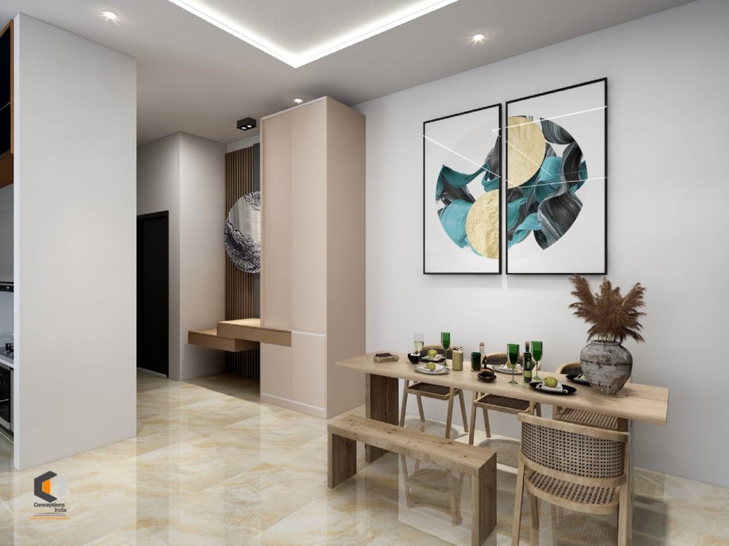 Modern dining area with neutral tones, wooden furniture, and abstract wall art demonstrating balanced color theory in interior design.
