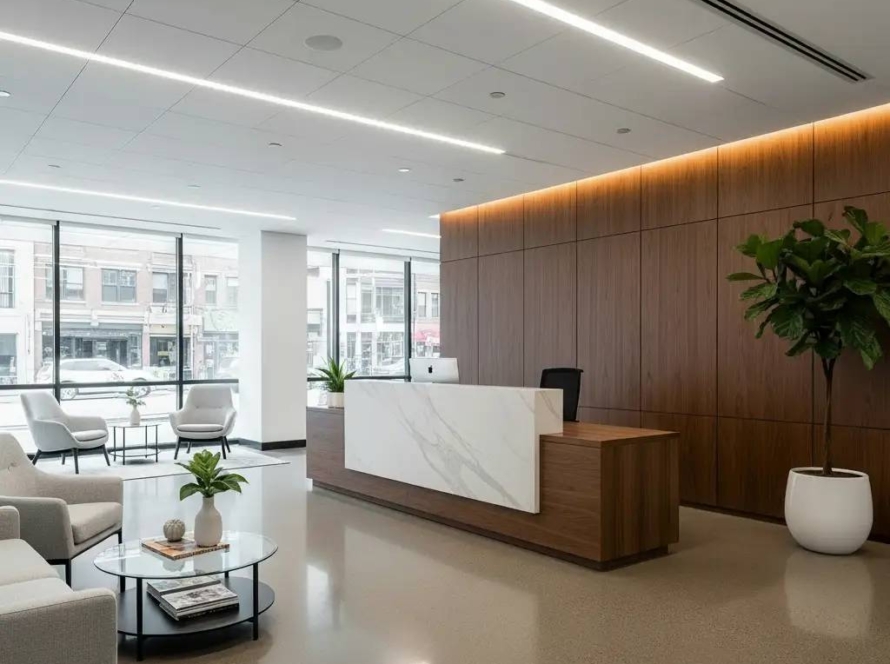 Modern commercial office reception interior design with wooden paneling, marble desk, and seating Bangalore