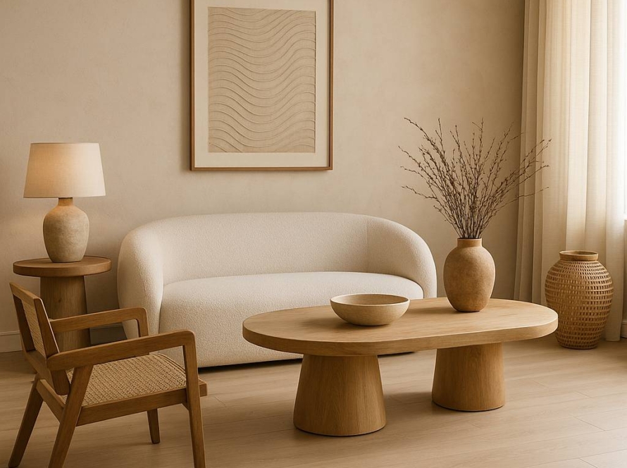Curved sofa and natural wood table in a modern Bangalore living room.