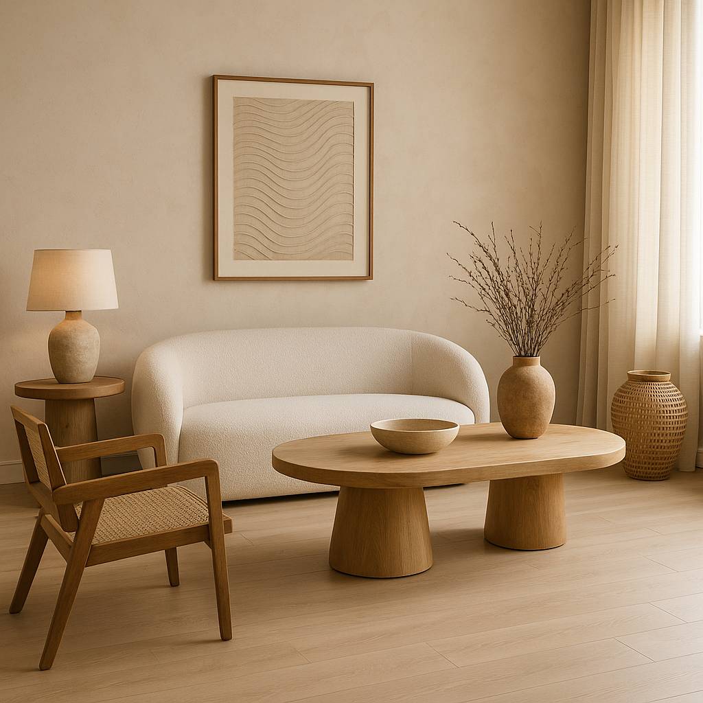 Curved sofa and natural wood table in a modern Bangalore living room.