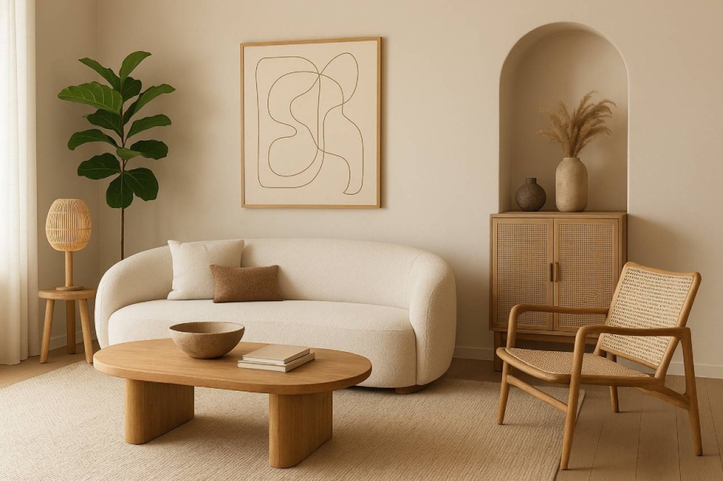 Modern living room with a curved sofa, natural wood furniture, and textured décor showcasing 2026 furniture trends for homes in Bangalore and KR Puram.