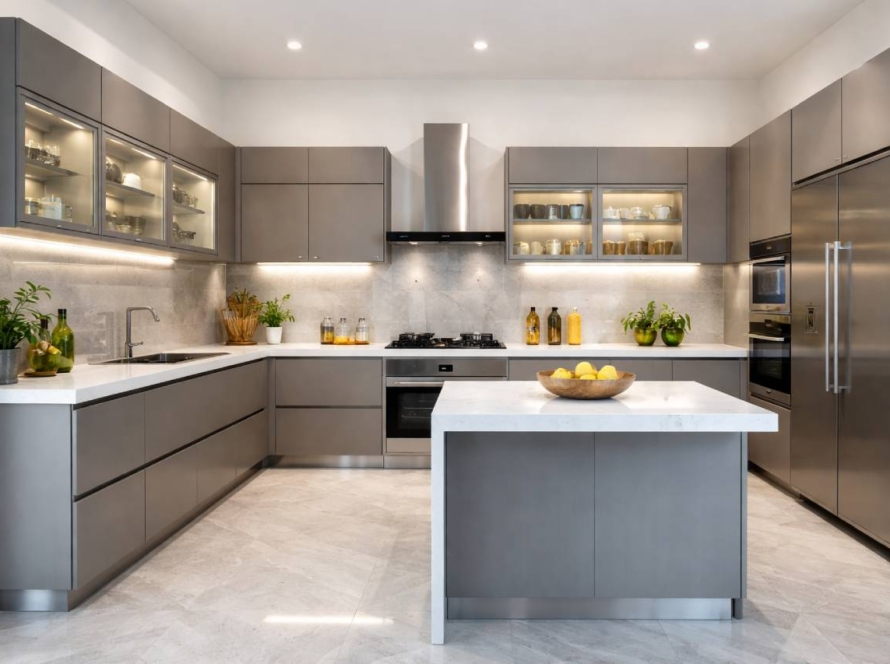 Modern aluminium modular kitchen in Bangalore with waterproof cabinets and contemporary design