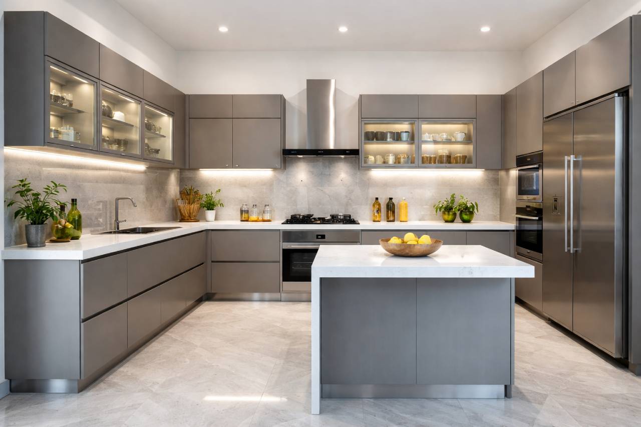 Modern aluminium modular kitchen in Bangalore with waterproof cabinets and contemporary design