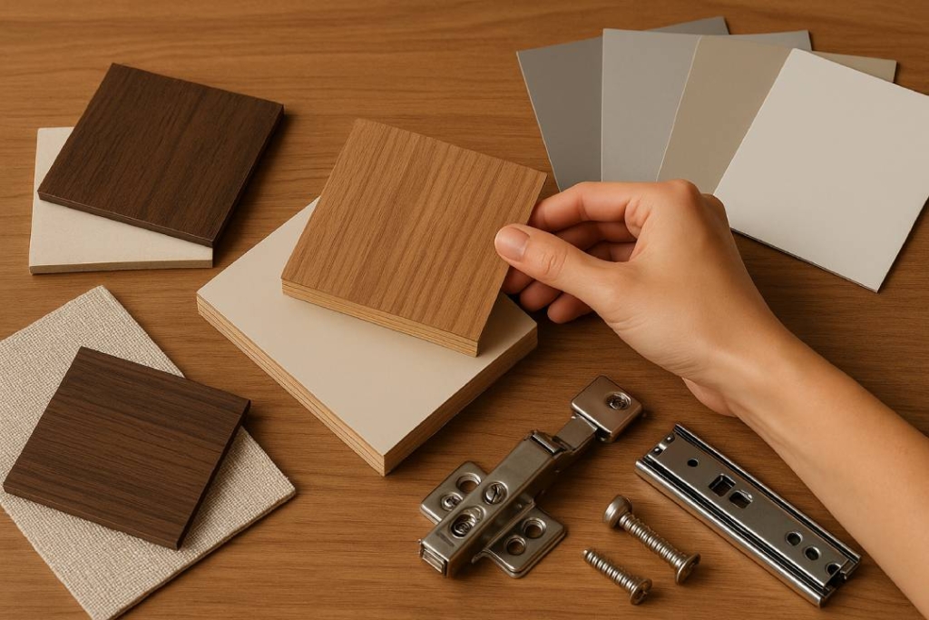 Hand selecting wood laminate and plywood samples along with premium hardware fittings, showcasing material quality standards for interior design in 2026.