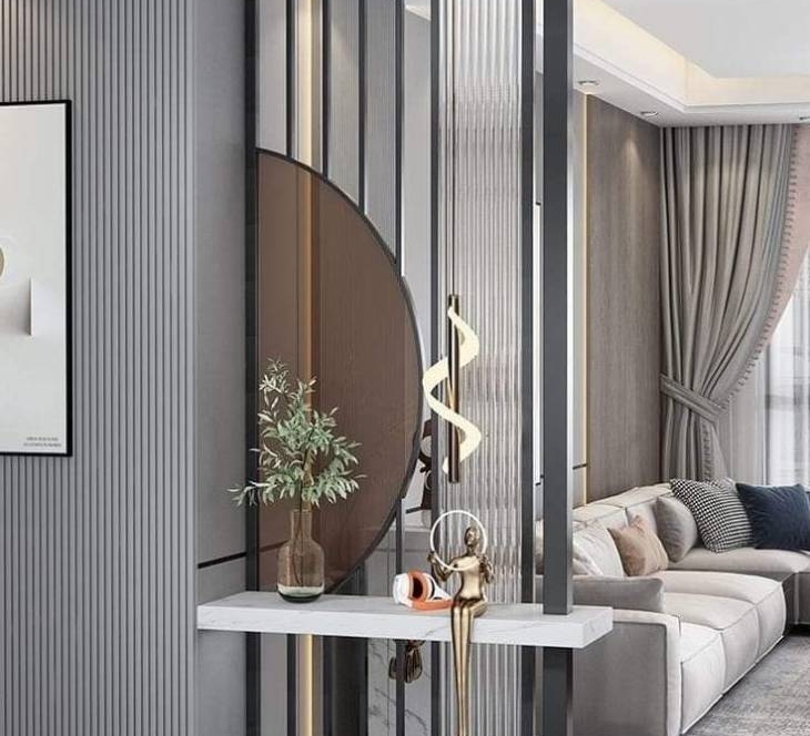 Wooden living room partition design in Bangalore