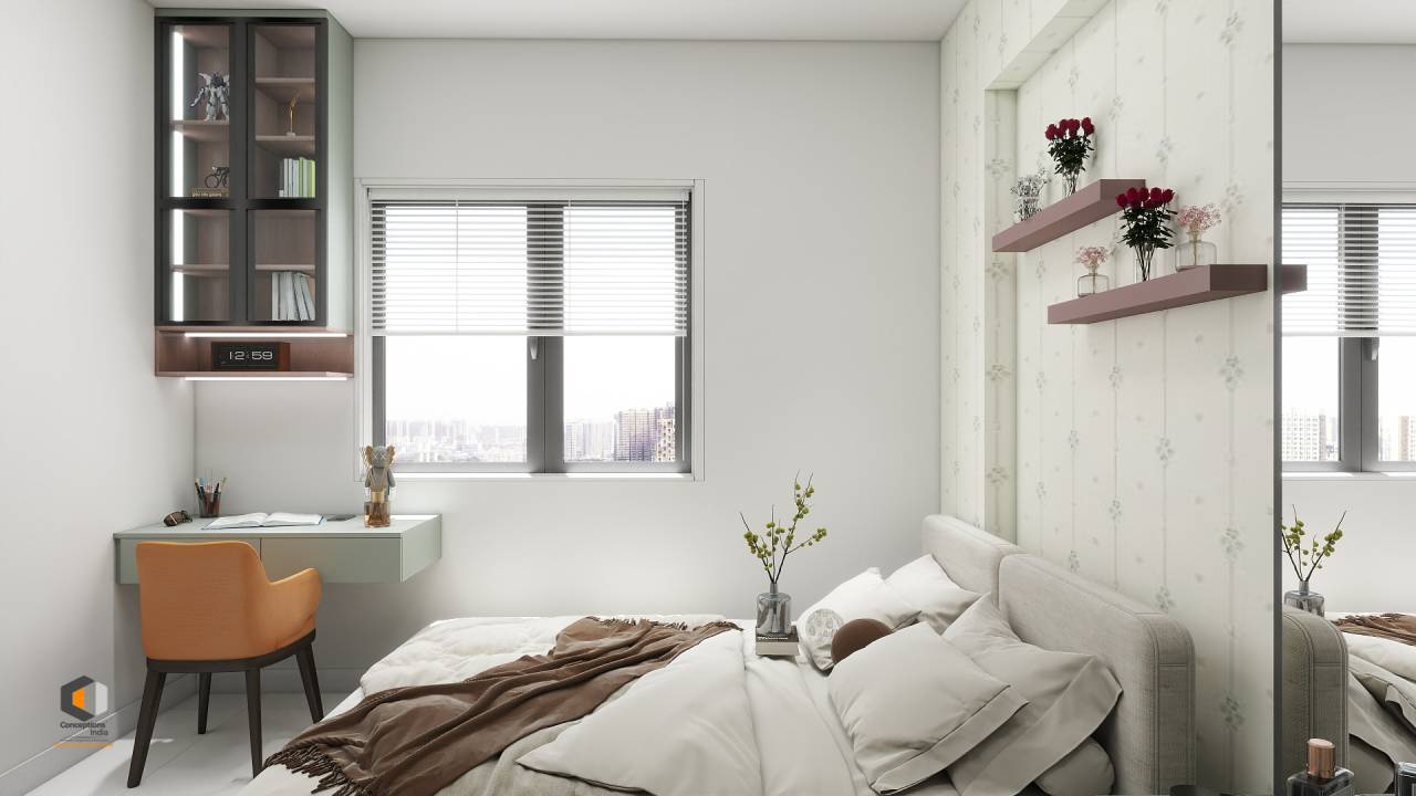 minimal bedroom study setup with a floating desk, ergonomic chair, wall cabinets, and natural lighting for a smart home office environment