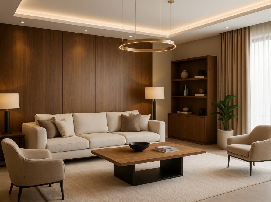 Modern luxury living room interior design with warm wood tones, premium furniture, and elegant lighting - suitable for top interior design companies in Bangalore 2026