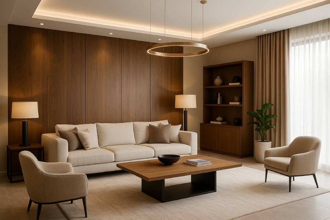 Modern luxury living room interior design with warm wood tones, premium furniture, and elegant lighting - suitable for top interior design companies in Bangalore 2026