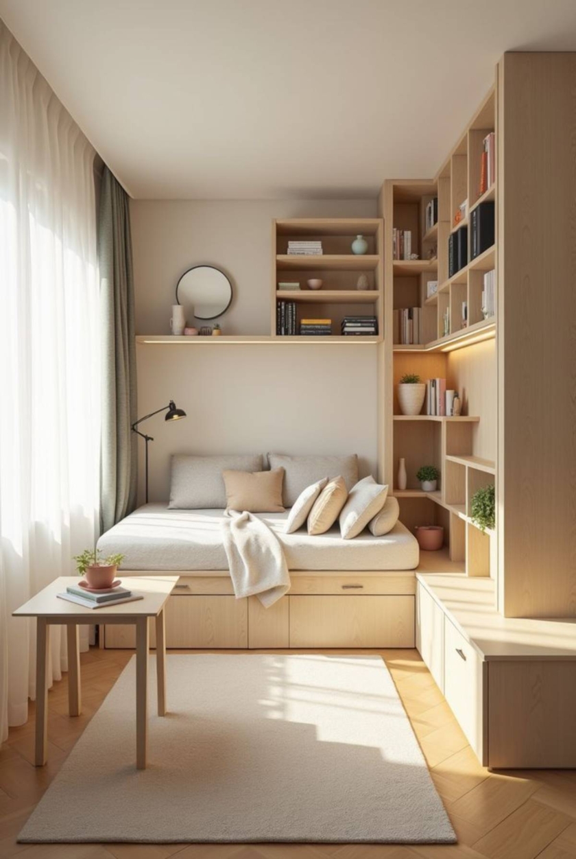 Space-saving study corner with floating desk, overhead storage cabinets, and minimalist interior design for small apartments.