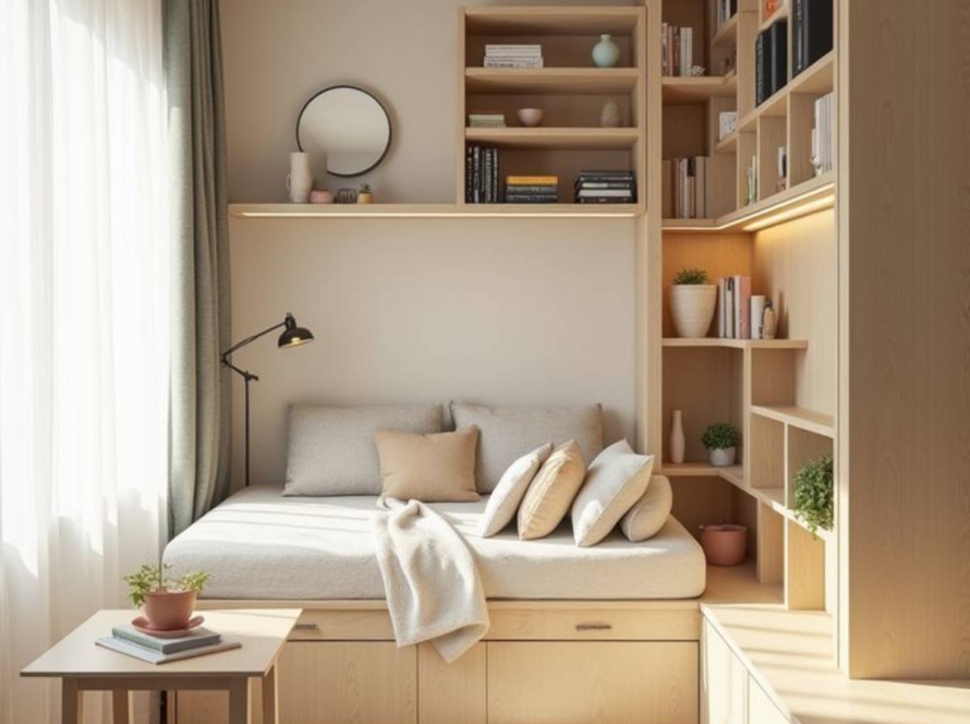 Space-saving study corner with floating desk, overhead storage cabinets, and minimalist interior design for small apartments.