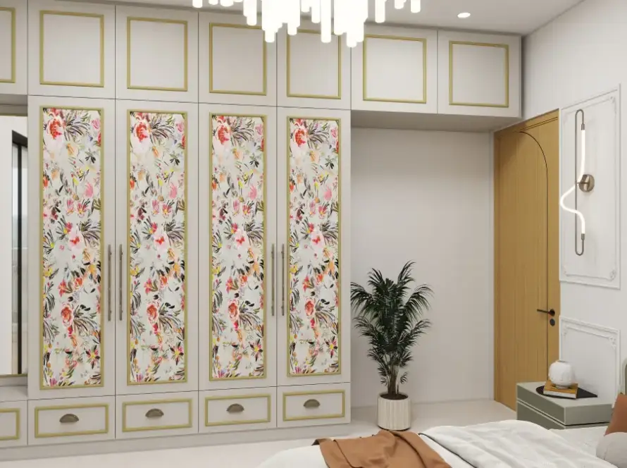 Designer wardrobe laminate design featuring floral laminate panels for modern bedroom interiors