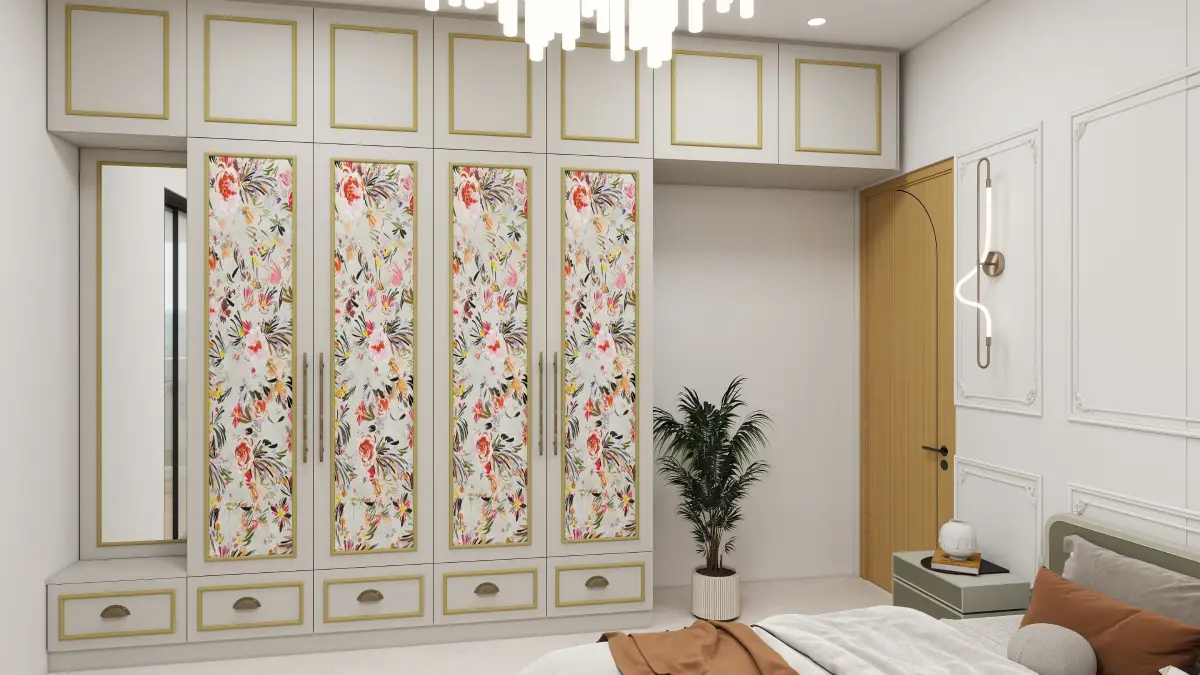Designer wardrobe laminate design featuring floral laminate panels for modern bedroom interiors