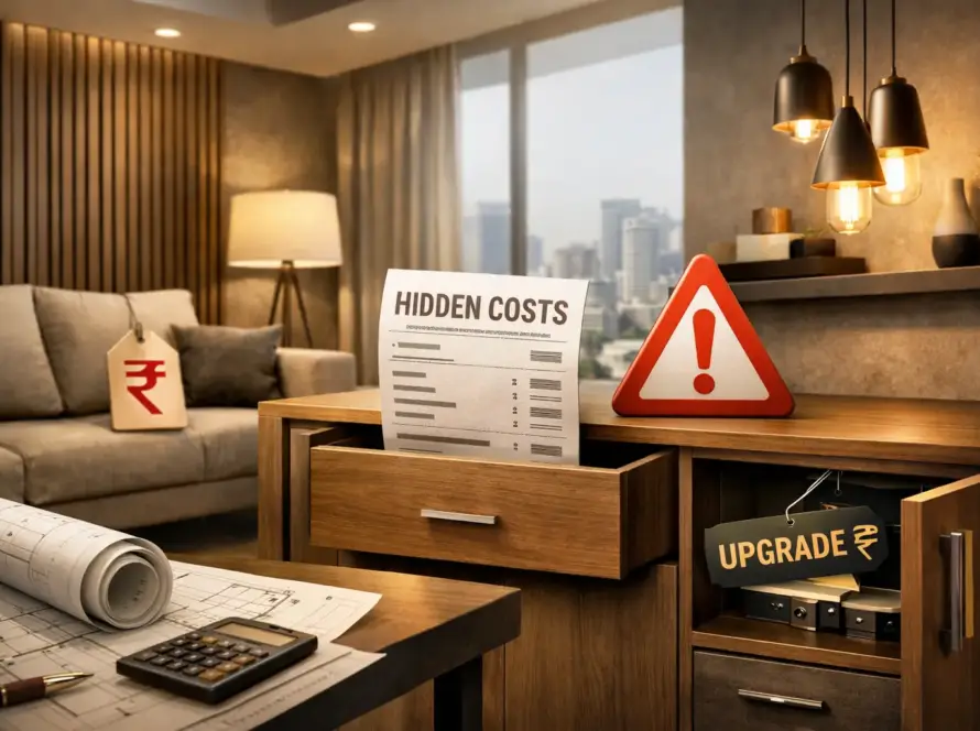 Hidden charges in interior design projects in Bangalore including extra costs for materials, lighting, and civil work