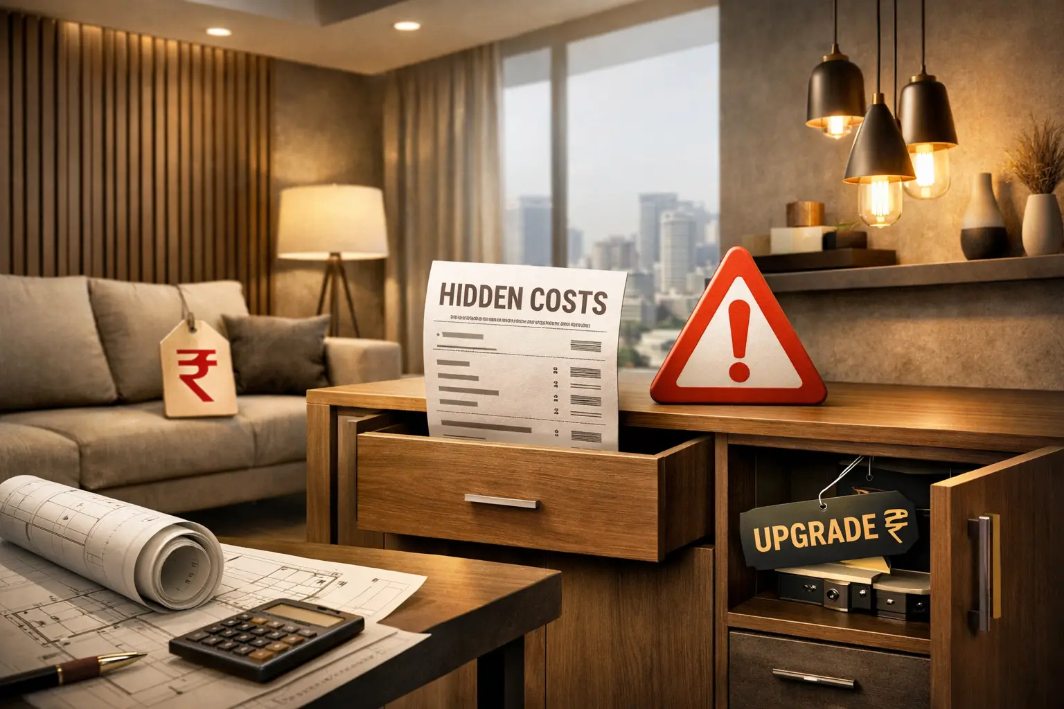Hidden charges in interior design projects in Bangalore including extra costs for materials, lighting, and civil work