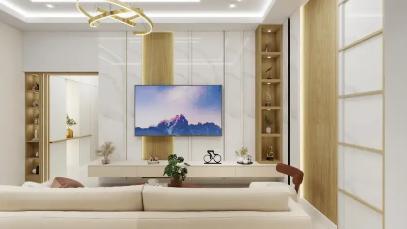 Timeless living room design with neutral colors, wooden panels, and modern classic furniture