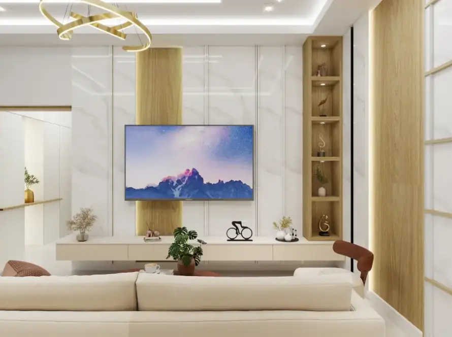 Timeless living room design with neutral colors, wooden panels, and modern classic furniture