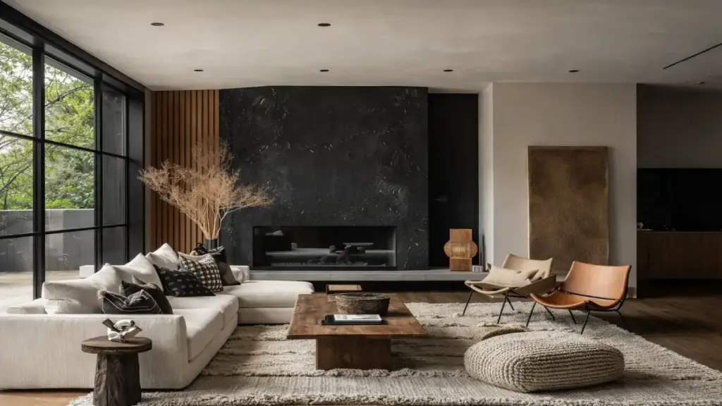 How to Balance Wall Decor With Furniture and Lighting 2 Modern living room showcasing asymmetrical balance with sectional sofa and accent chairs around a fireplace wall.