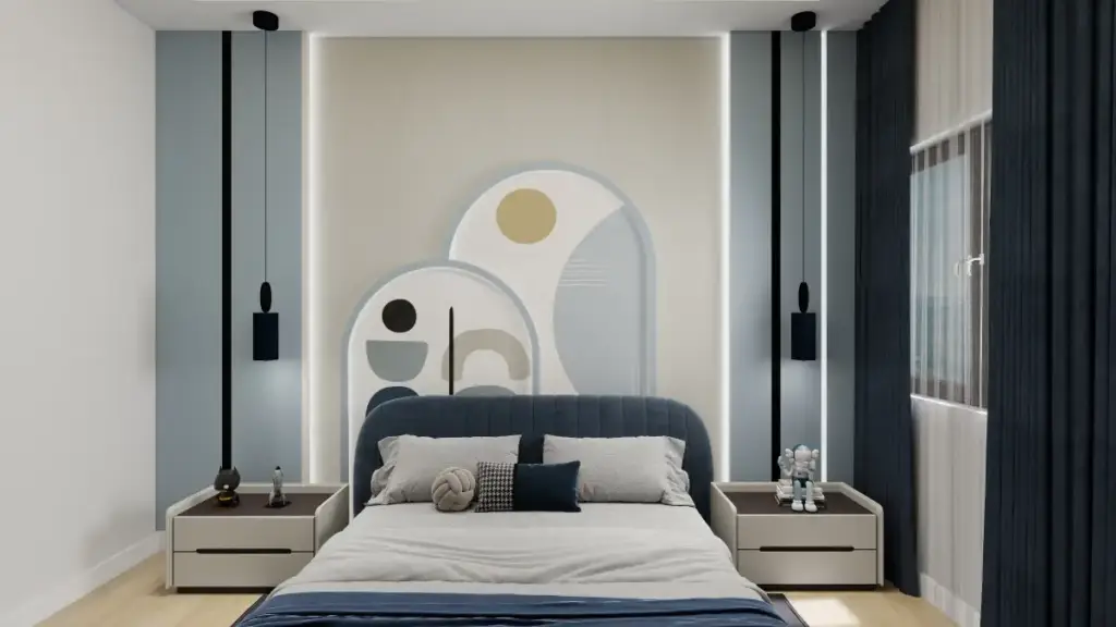 Bedroom interior showing color psychology in lifestyle design using soft blues and neutral tones for calm and comfort
