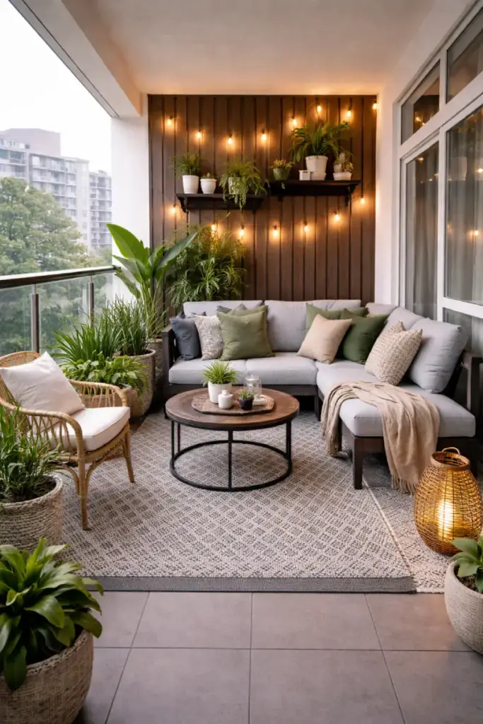 Contemporary small balcony lounge design in Bangalore apartment with modular outdoor seating