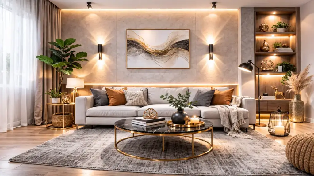 How to Balance Wall Decor With Furniture and Lighting 1 Modern living room with vertical wall sconces and track lighting demonstrating coordinated lighting with wall decor