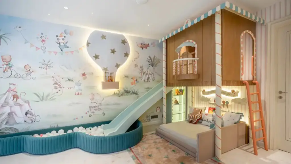 Designing a Kids’ Room That Grows With Your Child’s Needs: 8 Smart Interior Design Secrets for Long-Term Success 2 Luxury kids bedroom interior design featuring built-in slide, mural wall art, and custom storage elements