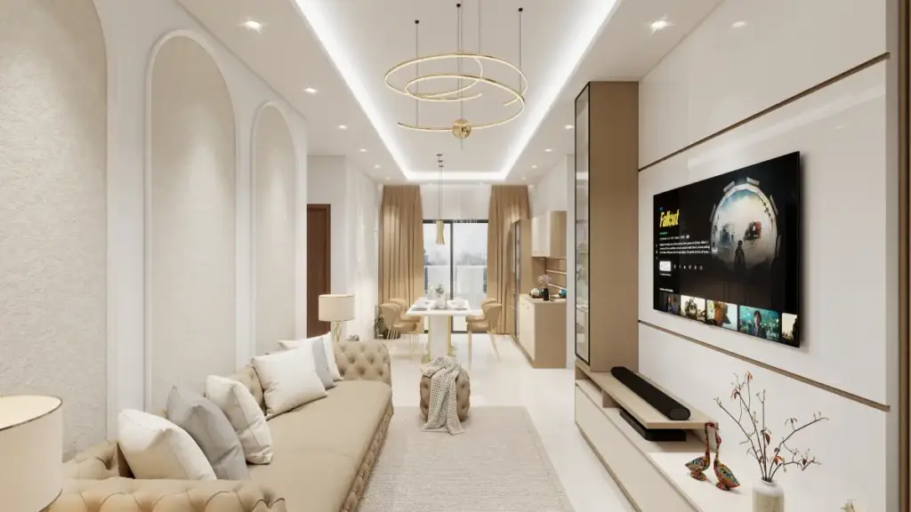 Modern POP false ceiling design for hall with cove lighting and chandelier