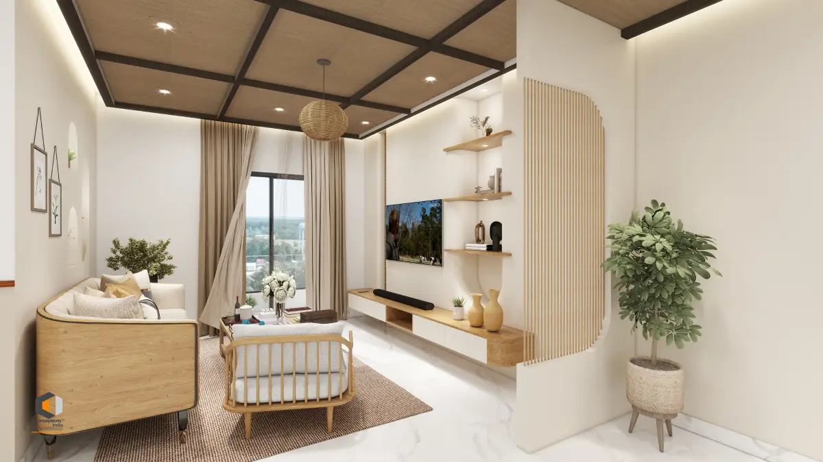 Lifestyle-based interior design with a functional living room layout focused on comfort, storage, and everyday living