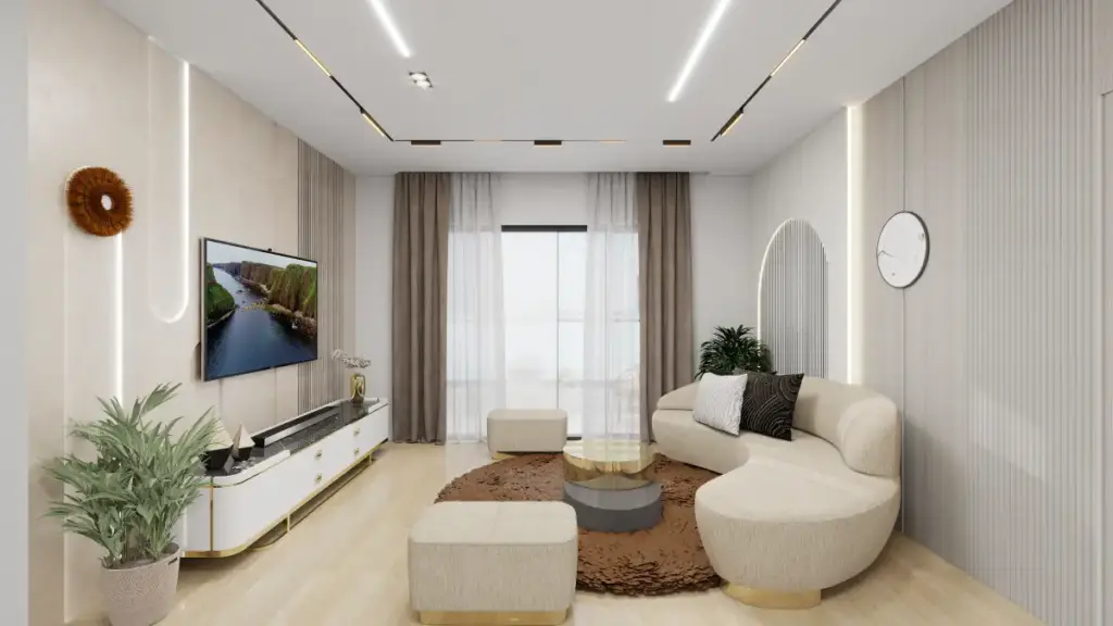 Modern minimal false ceiling design with soft LED lighting in living room